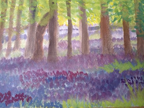 Christine P. Bluebell Wood, watercolour.